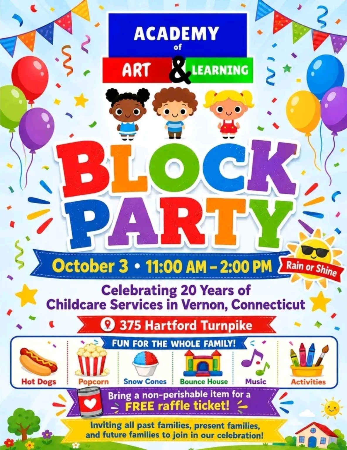 Academy of Art & Learning 20th Anniversary Block Party event flyer