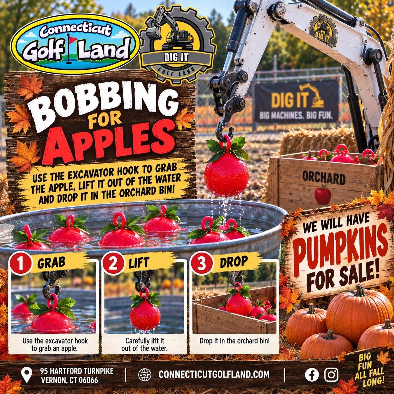 Bobbin for Apples at DIG IT Golf Land event flyer