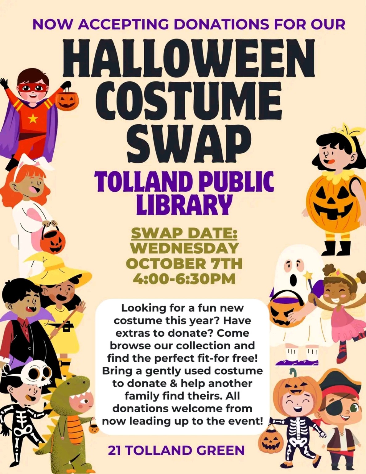 Tolland Public Library Halloween Costume Swap event flyer