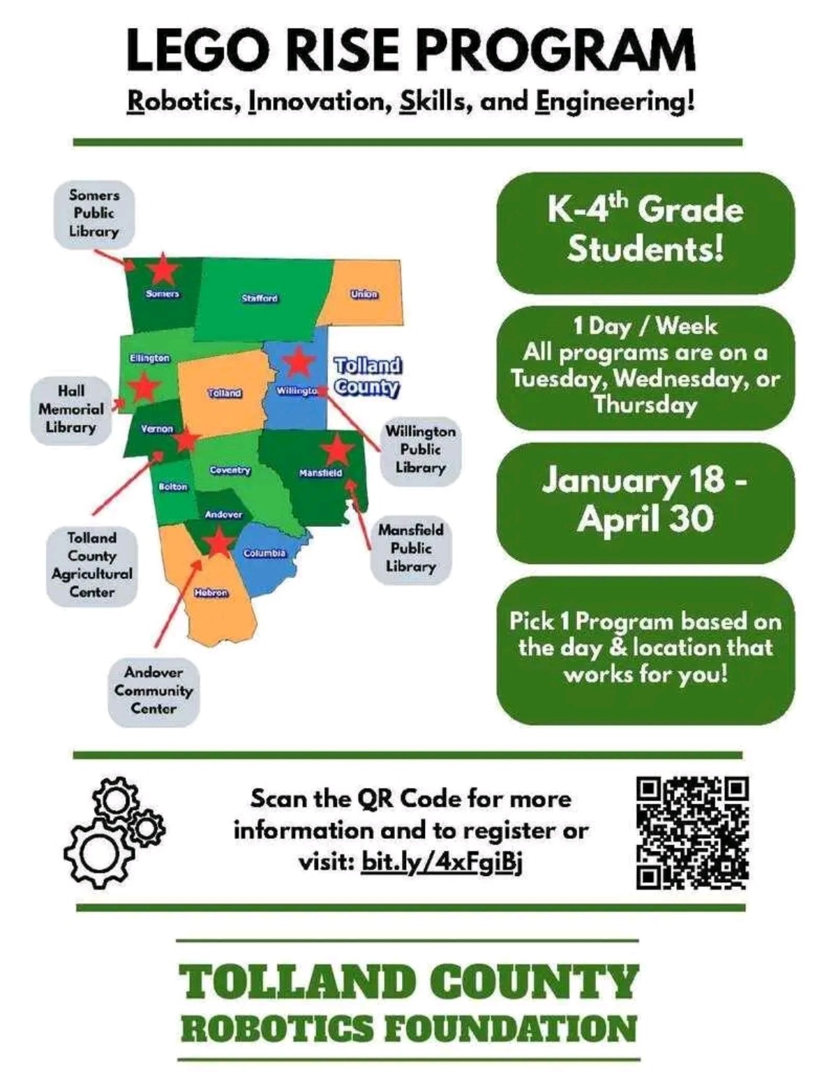 LEGO RISE Program — Tolland County Robotics Foundation event flyer