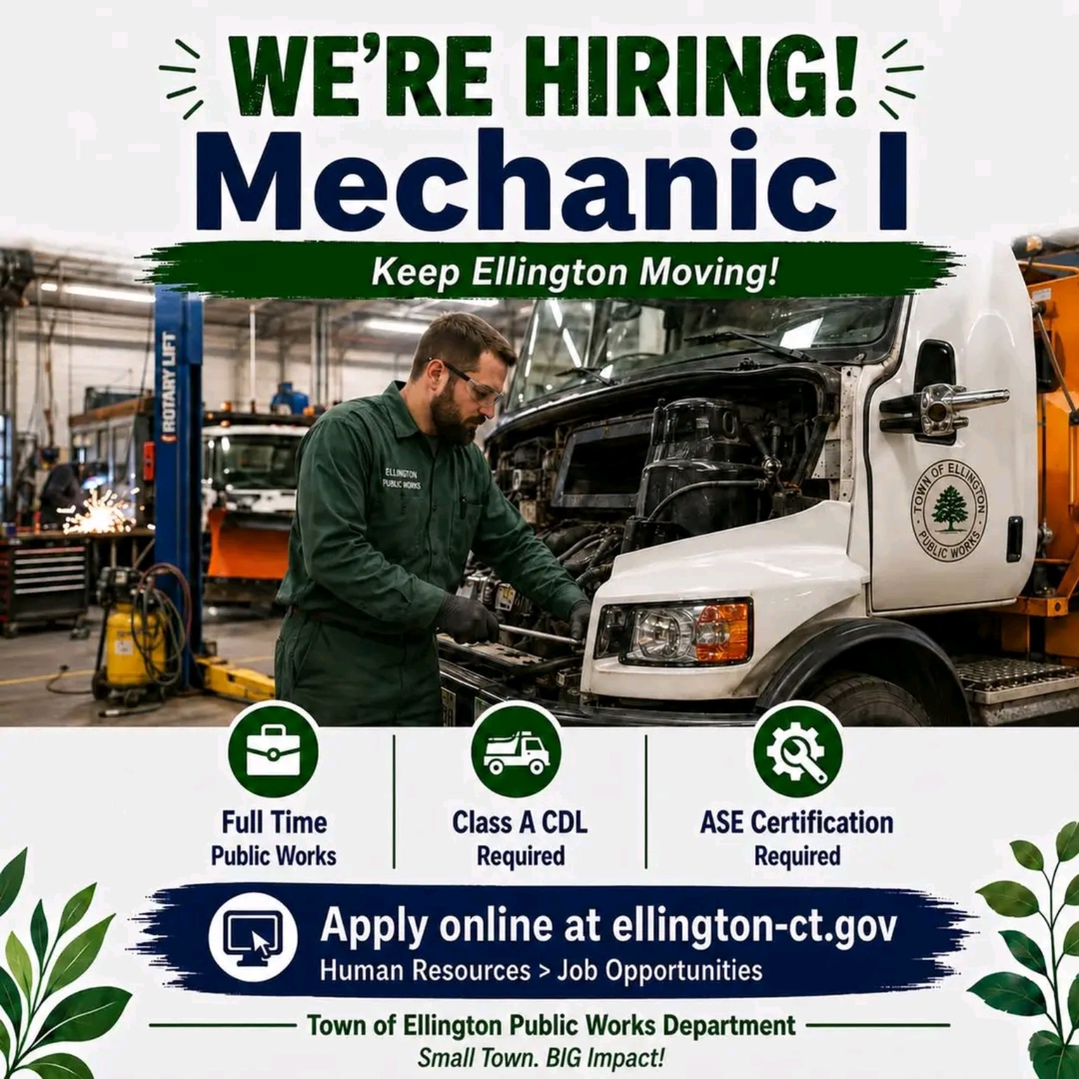 Town of Ellington Public Works — Mechanic I hiring flyer