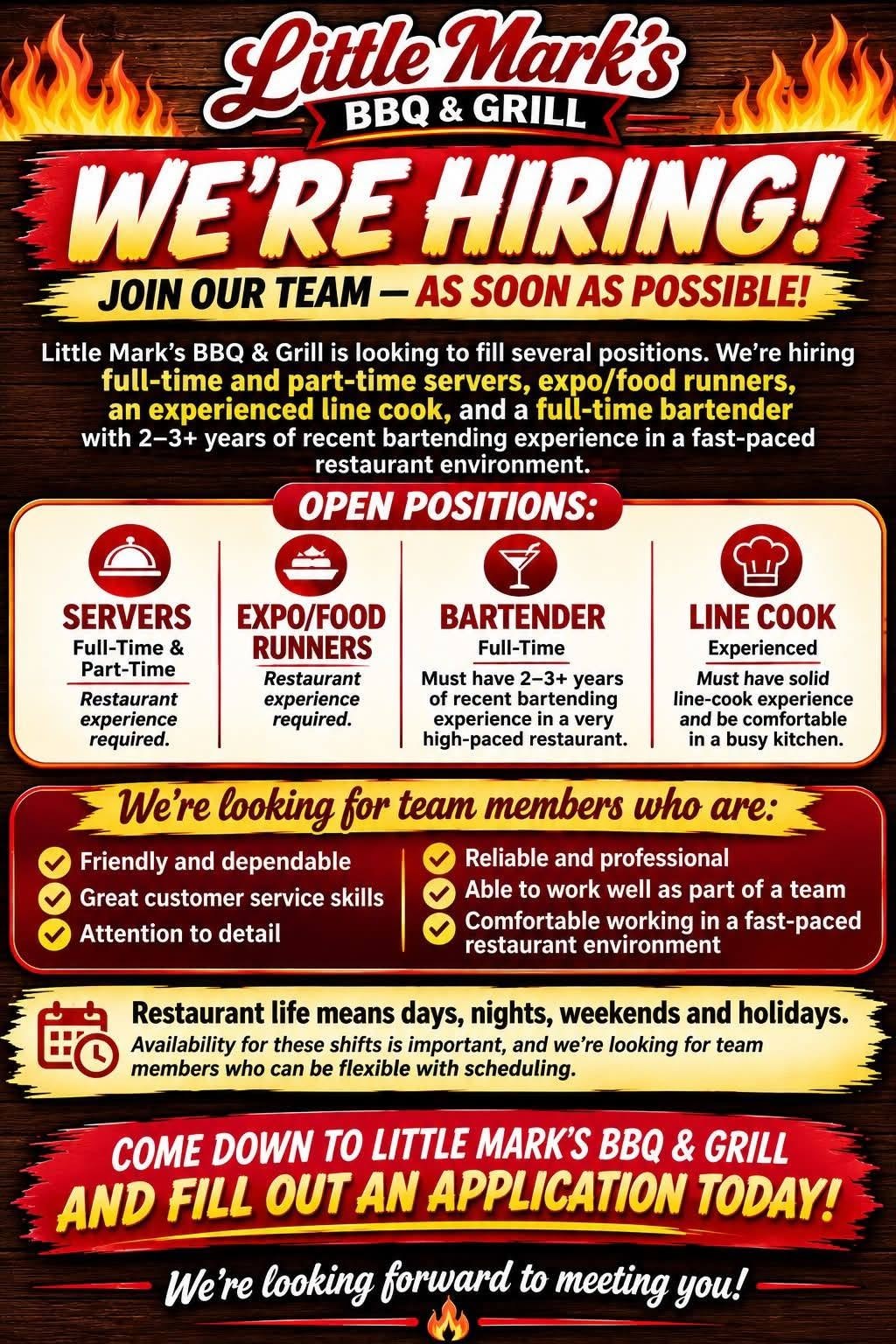 Little Mark's BBQ & Grill hiring flyer