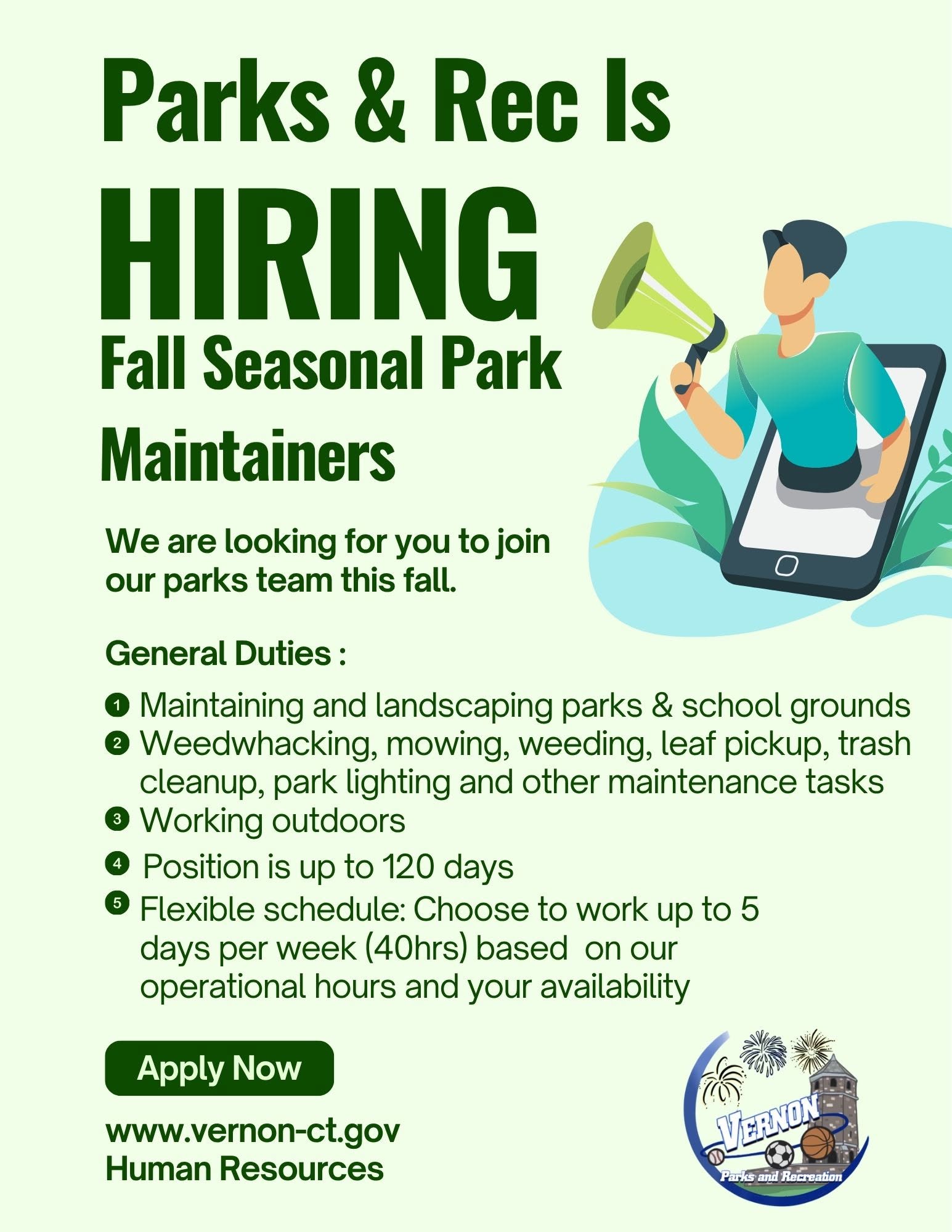 Vernon Parks & Recreation — Fall Seasonal Park Maintainers hiring flyer