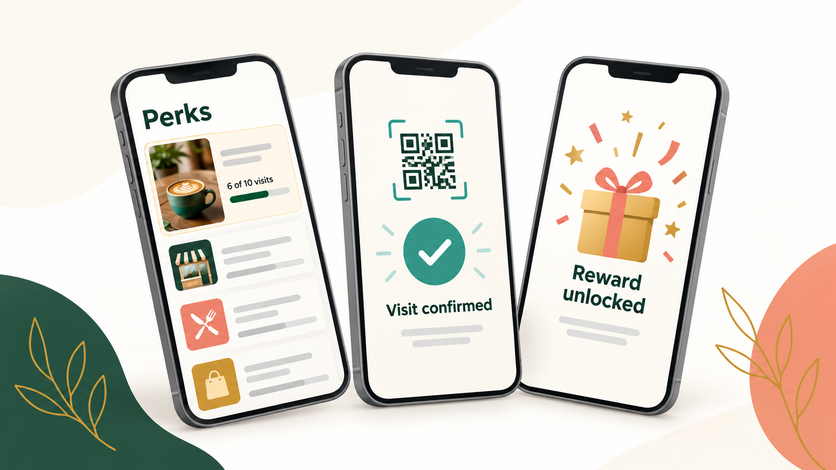 Preview of the Perks Passport showing local offers, a confirmed visit, and an unlocked reward